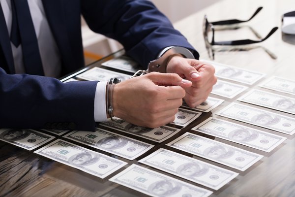 Businessman in handcuffs with hundreds of dollars on the table in front of him.