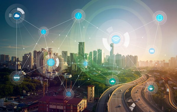 A smart city with dozens of connected wireless devices.