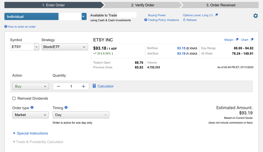 A screenshot of Charles Schwab's trade tool with Etsy pulled up.