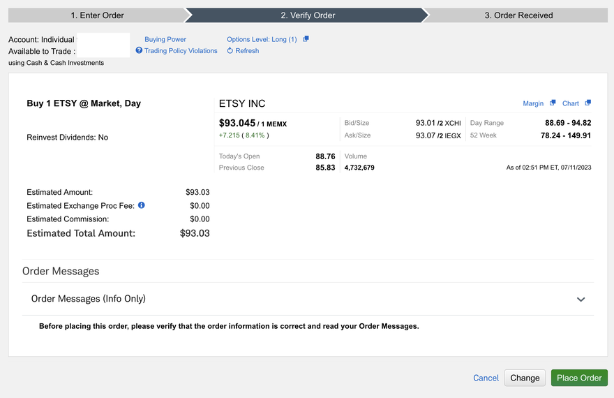 A screenshot of an order preview for an Etsy trade with Charles Schwab.