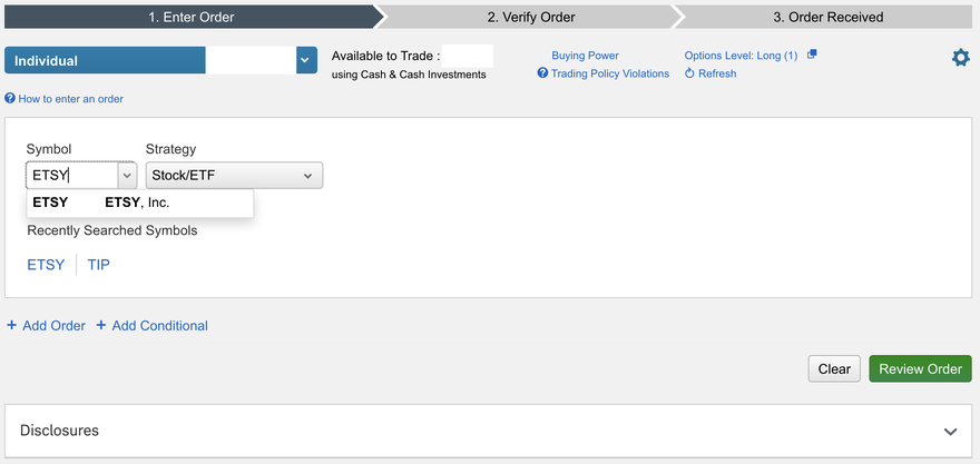 A screenshot of searching for Etsy in Charles Schwab's stock trade tool.