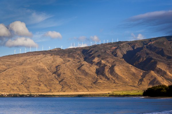 Wind turbines at sunrise, Maui, Hawaii.