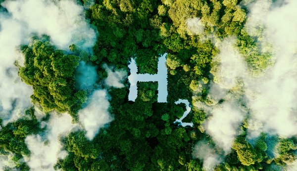 A concept metaphorically depicting hydrogen as an ecological energy source in the form of a pond in the middle of a virgin jungle.