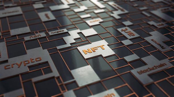 abstract grid with word cloud, concept of NFT, non fungible token and crypto art (3d render)