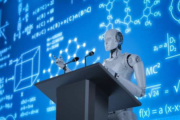 A robot gives a lecture standing in front of a chalkboard full of scientific information.