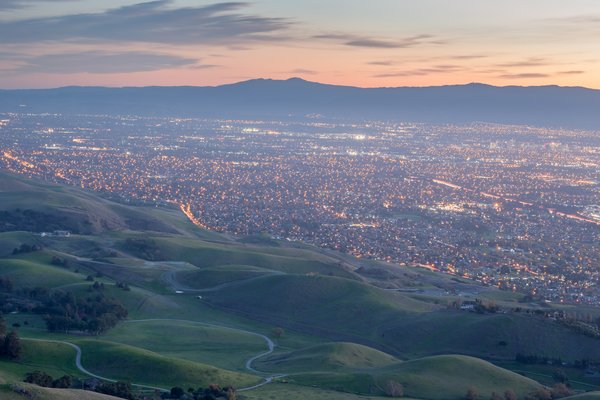 Silicon Valley and green hills at dusk from Monument Peak, California.