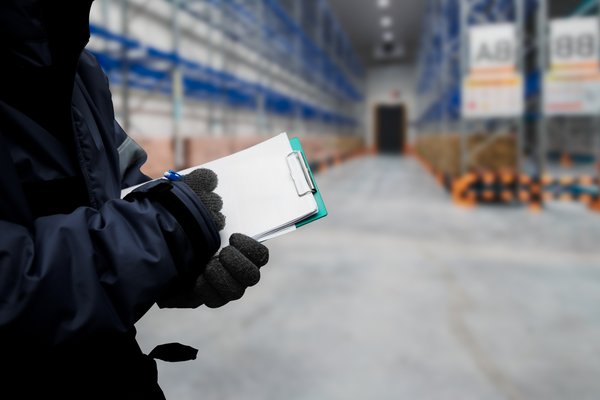 A gloved person working inside a cold-storage warehouse.