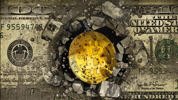 Bitcoin token bursting through center of hundred dollar bill.