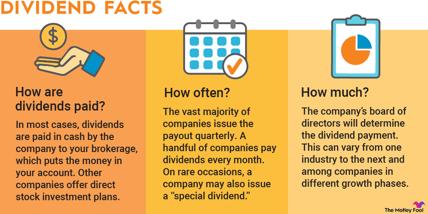 A graphic answering questions about dividends, including: how they're paid, how often they're paid, and how much they pay.