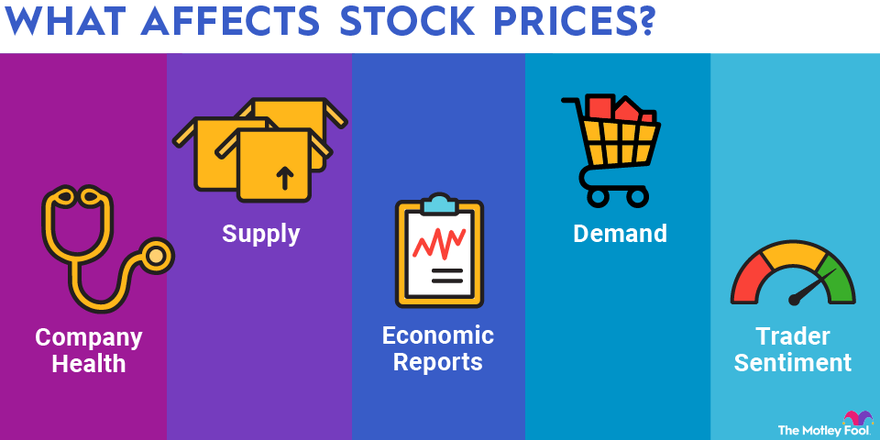 A graphic showing the factors that affect stock price: company health, supply, economic reports, demand and trader sentiment.