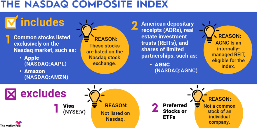 An infographic showing why stocks are included — or not included — in the Nasdaq composite index.