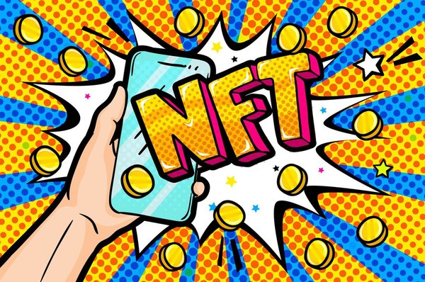 Pop-art style drawing of a person holding a smartphone and the word NFT.