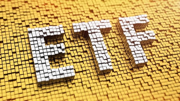 The letters ETF against a yellow background.