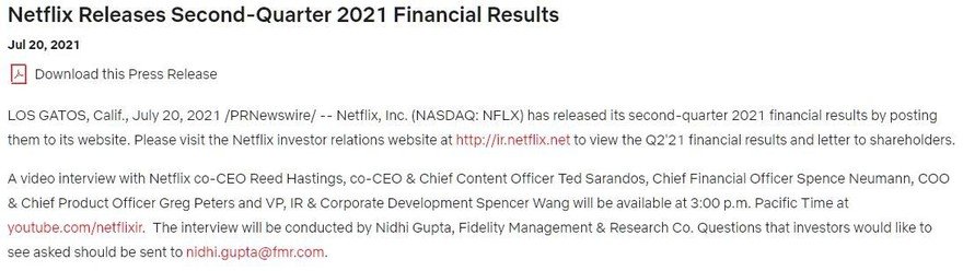 Netflix earnings press release