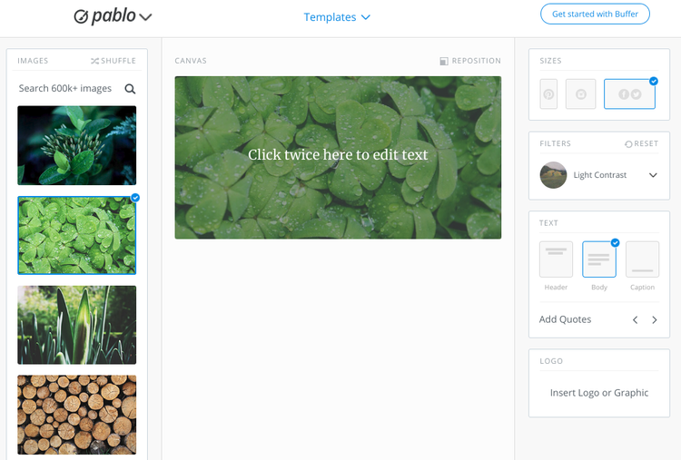 Buffer's image creation tool called Pablo with ability to choose backgrounds, add text, and adjust size.
