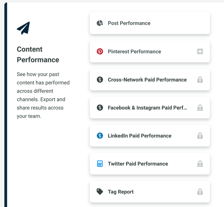 Sprout Social's content performance screen with options to select analytics for Facebook, Twitter and LinkedIn