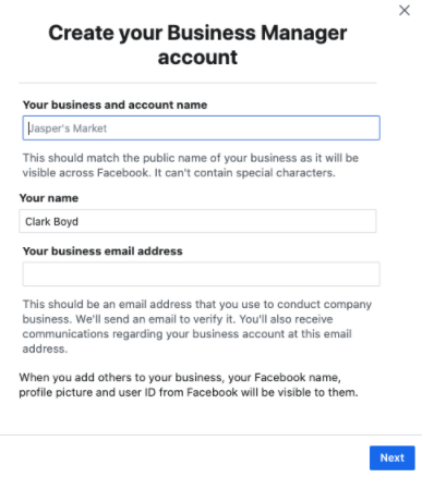 The Create Your Business Manager account screen, which asks for the user's account details
