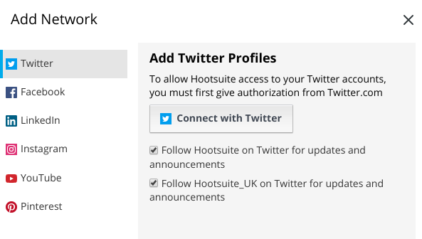Hootsuite screen to add social platforms including Twitter, Facebook, LinkedIn, Instagram, YouTube, and Pinterest.