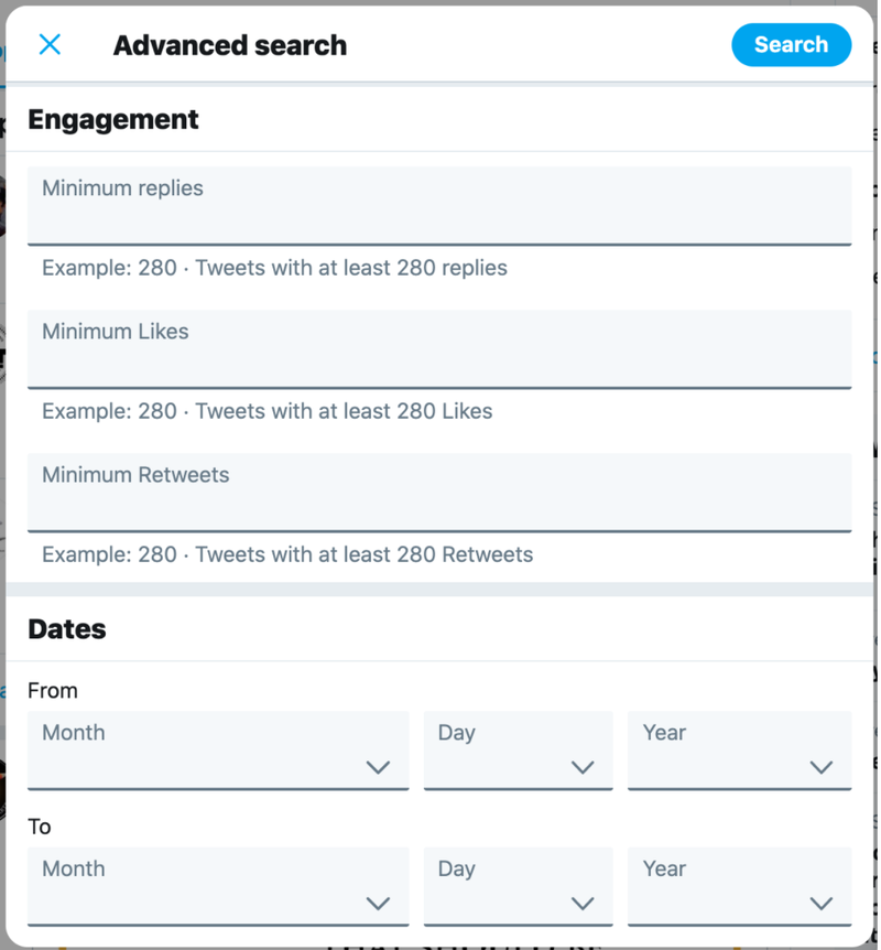 Twitter's advanced search options, including original post date and minimum tweet engagement levels.