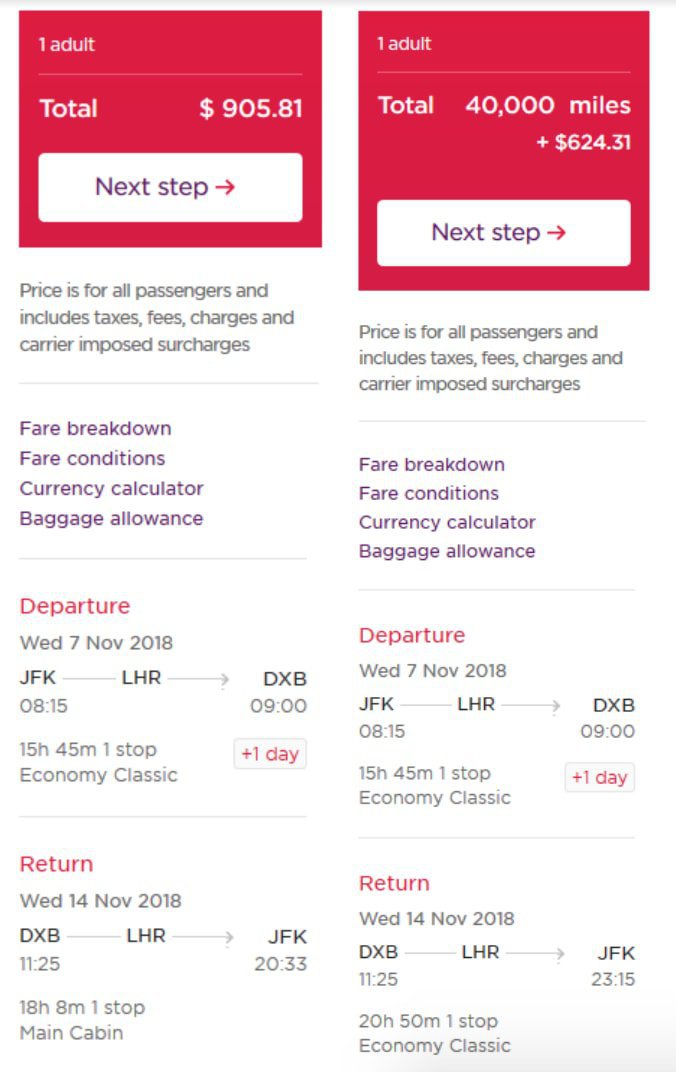 fees and points costs on Virgin Atlantic website