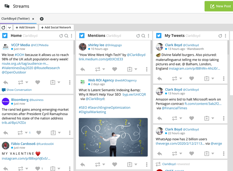 Hootsuite dashboard showing various Twitter feeds.