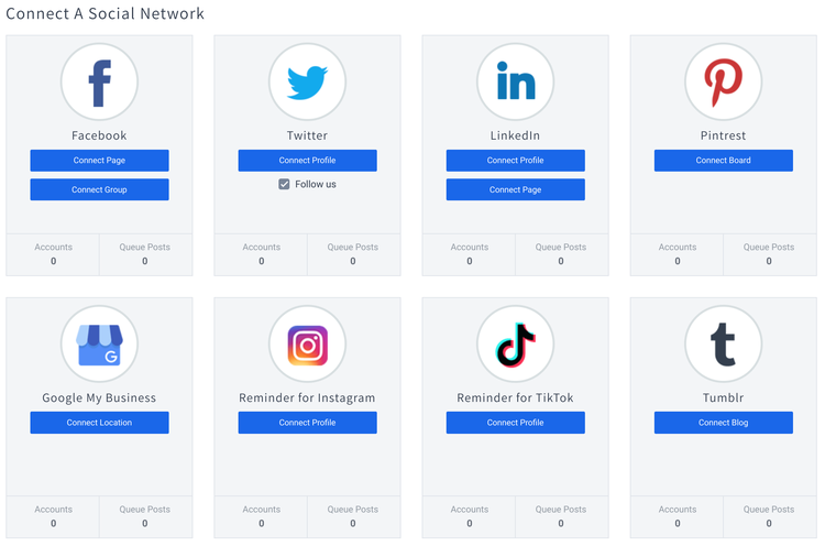 Social Pilot's social media integration screen with options to add Facebook, Instagram, Twiiter and more