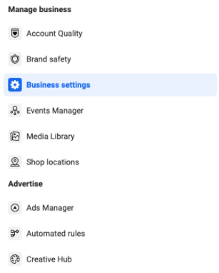 List of six options under Manage Business, with Business Settings highlighted