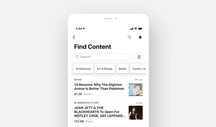 Sprout Social&#x27;s content discovery tool on mobile with search bar and suggested articles.