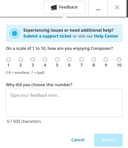 Hootsuite customer feedback popup asking the user for a ranking and feedback of the Composer tool.