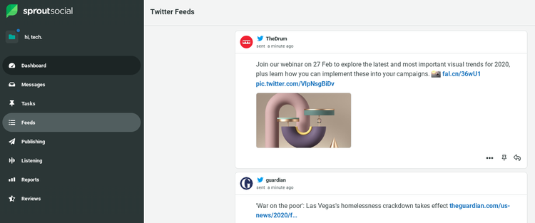 Sprout Social&#x27;s Feeds screen with navigation on the left-hand side and content on the right-hand side.