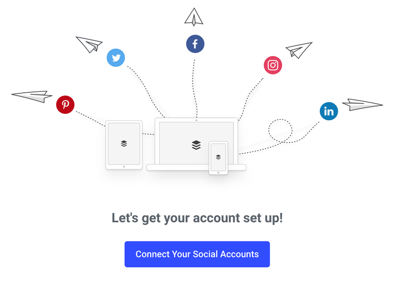 Buffer's social media integration screen with options for adding Twitter, Facebook, Pinterest, Instagram, and LinkedIn