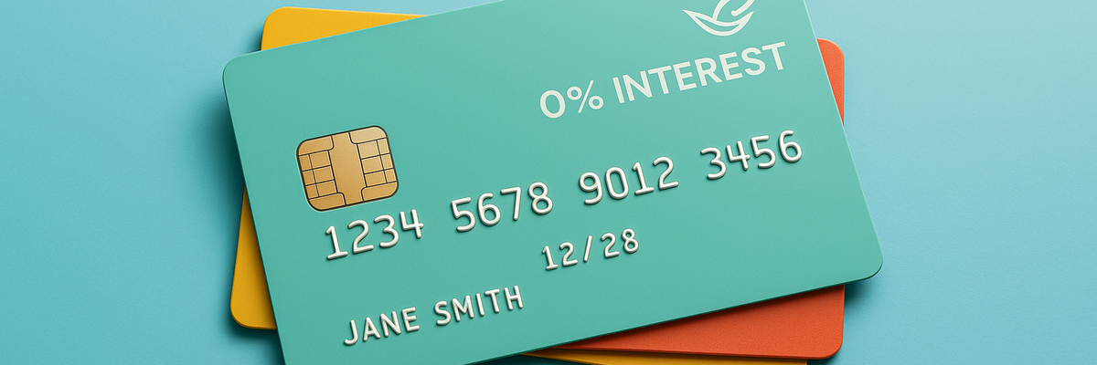 0% interest credit card stack on a light mint green background.