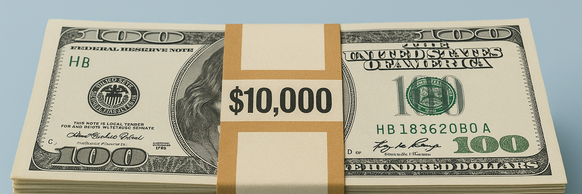 A 10,000 stack of 100 dollar bills wrapped in bank strap against blue background.