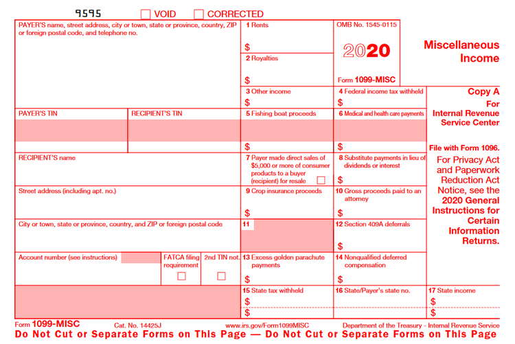 Copy A of the IRS Form 1099-MISC with fields for the rents, royalties and other income