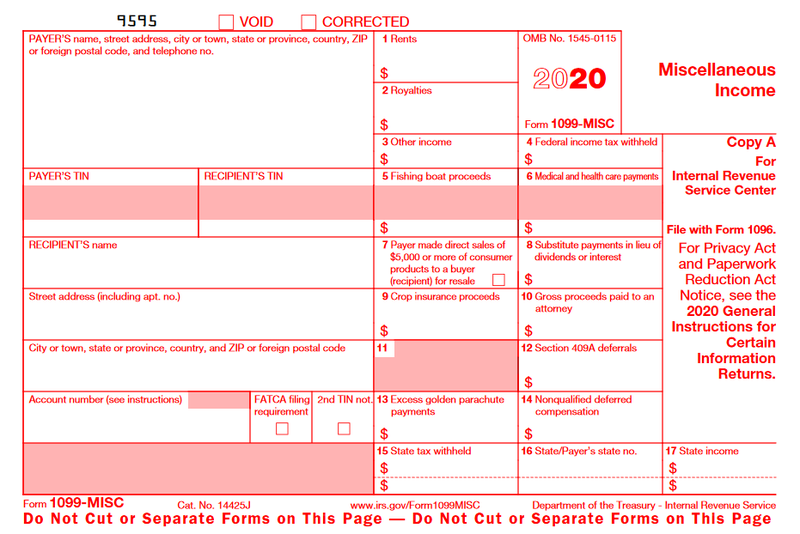Copy A of IRS Form 1099-MISC with fields for rents, royalties, and other income