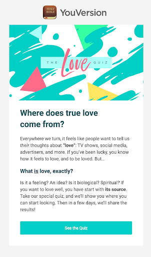 An email newsletter promoting a quiz about love
