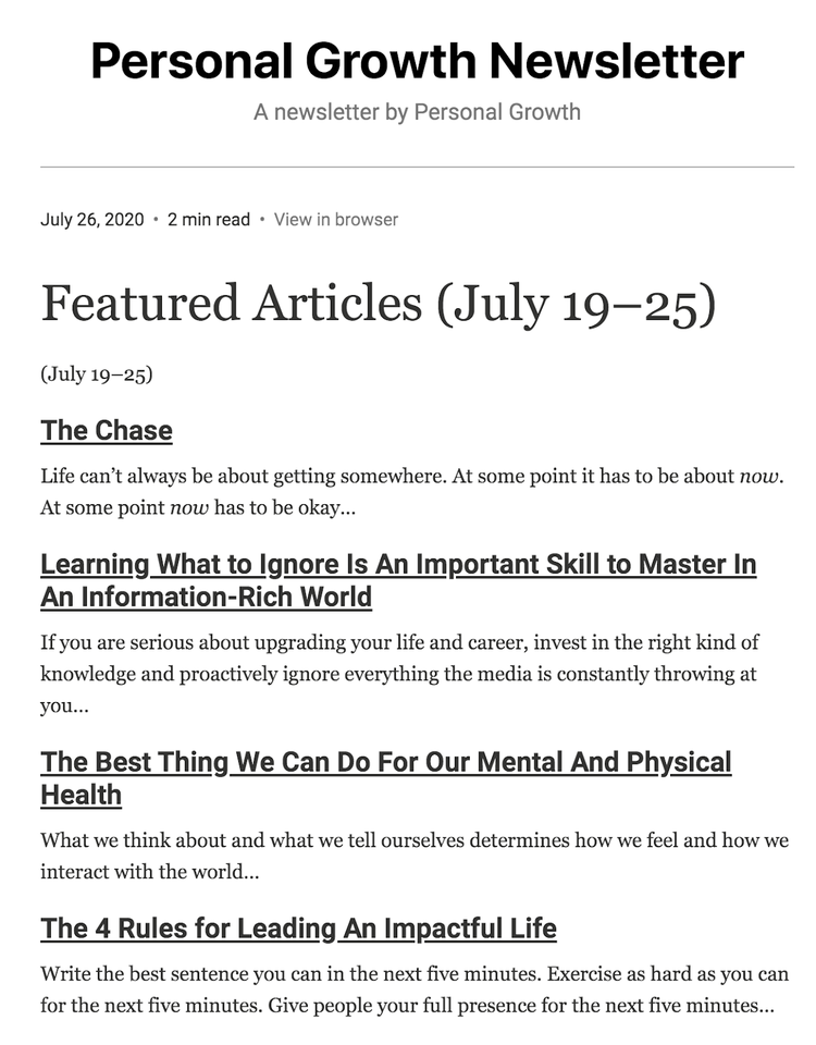 A list of article titles from Medium’s Personal Growth newsletter with short descriptions