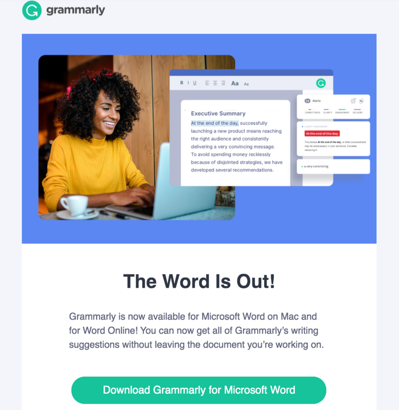 A Grammarly newsletter with an announcement and a download button