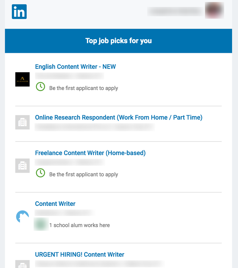 Email newsletter from LinkedIn with a list of job titles