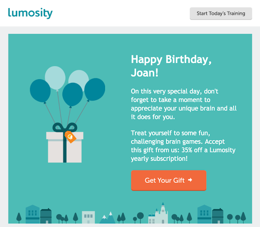 A Lumosity email with a birthday greeting and discount offer