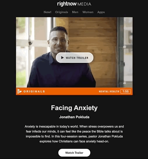 RightNow Media Newsletter with a GIF on Coping with Anxiety