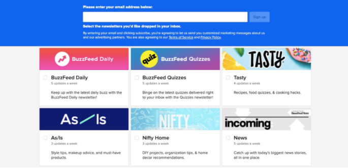 This BuzzFeed web page contains various content categories their visitors can subscribe to.