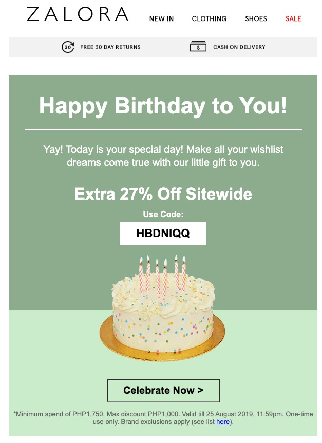 This is an email from Zalora that contains a birthday promo code.