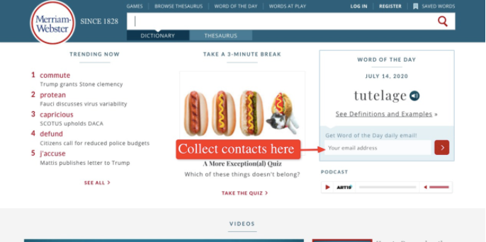 Merriam-Webster’s homepage with an opt-in form.