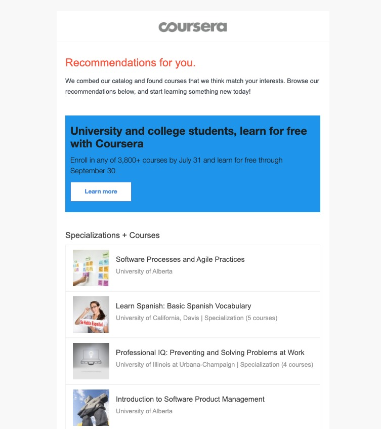This is an email from Coursera that contains course recommendations.