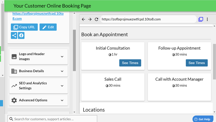10to8’s webpage for customer online booking with various appointment options listed in a grid.