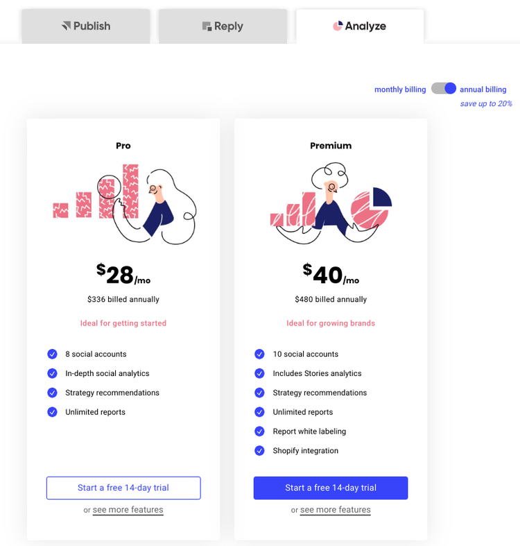 Buffer Analyze's two pricing tiers with different levels of features.
