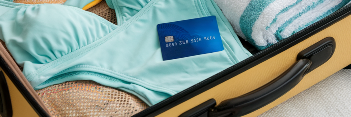 A credit card sits among a packed suitcase for vacation.
