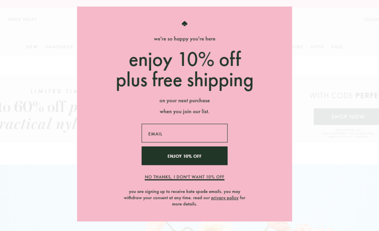 Kate Spade opt-in email marketing pop up