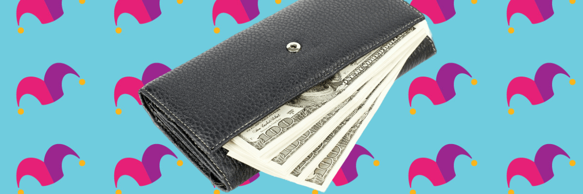 A wallet with a fan of five bills coming out of it